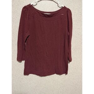 Ann Taylor LOFT Womens Burgundy Lace Trim Boat Neck 3/4 Sleeve Slub Knit Top M